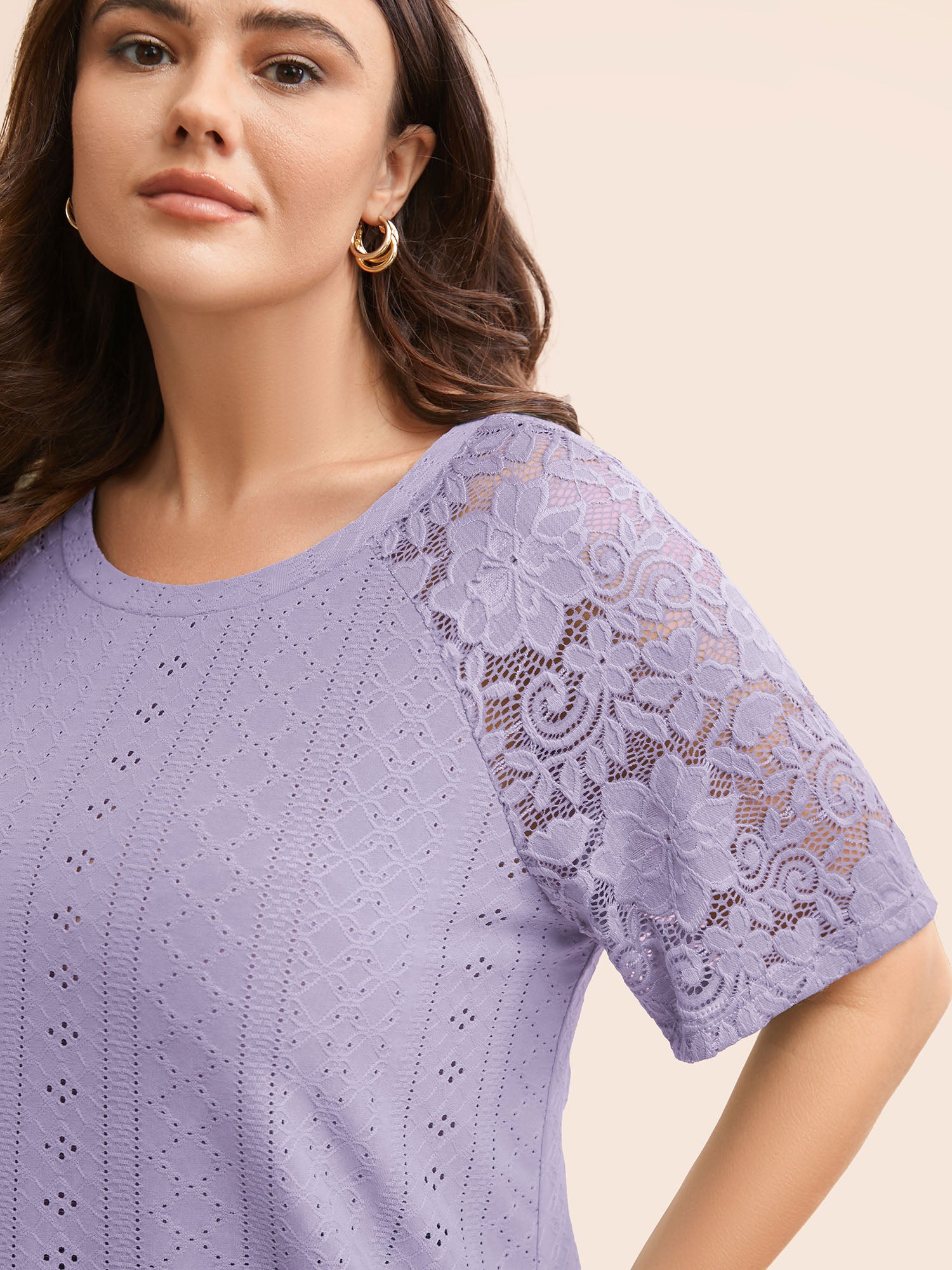 Solid Broderie Anglaise Lace Raglan Sleeve T-shirt