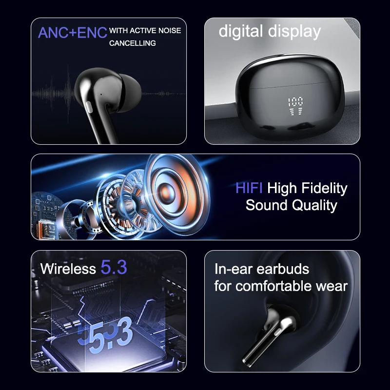 New ANC And ENC True Wireless Stereo Headphones Earbuds Waterproof Touch Control in Ear Music Earphones