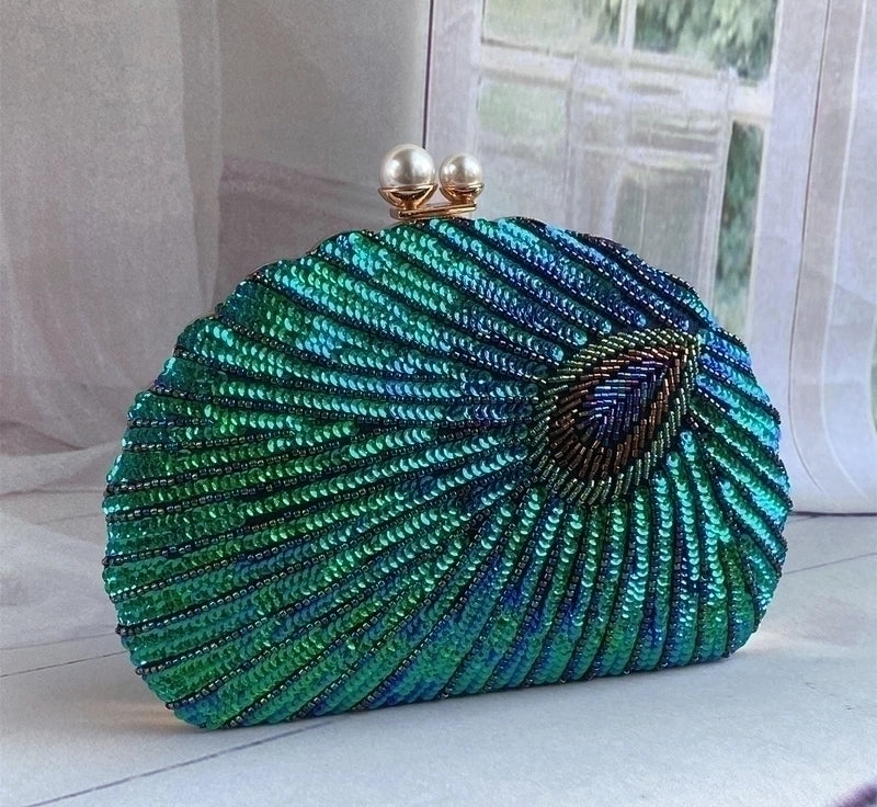 Blue Black Gold Metal Feather Beading Sequins Shell Evening Bags