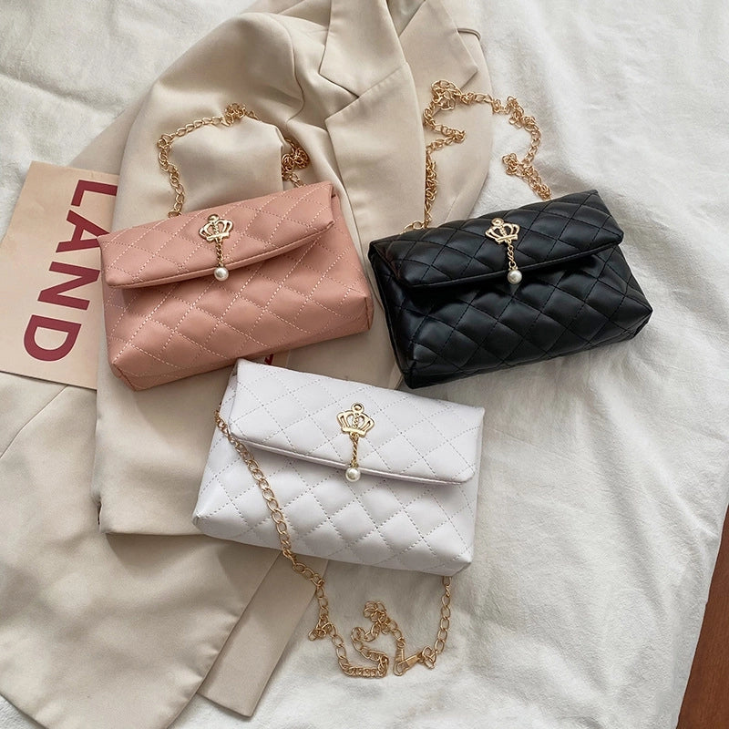 Small Pu Leather Pure Color Pearl Diamond Chain Bag Hander Bag