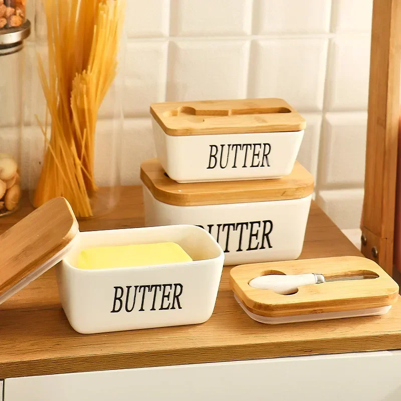 500 ML CERAMIC BUTTER CONTAINER WITH KNIFE BAMBOO LID