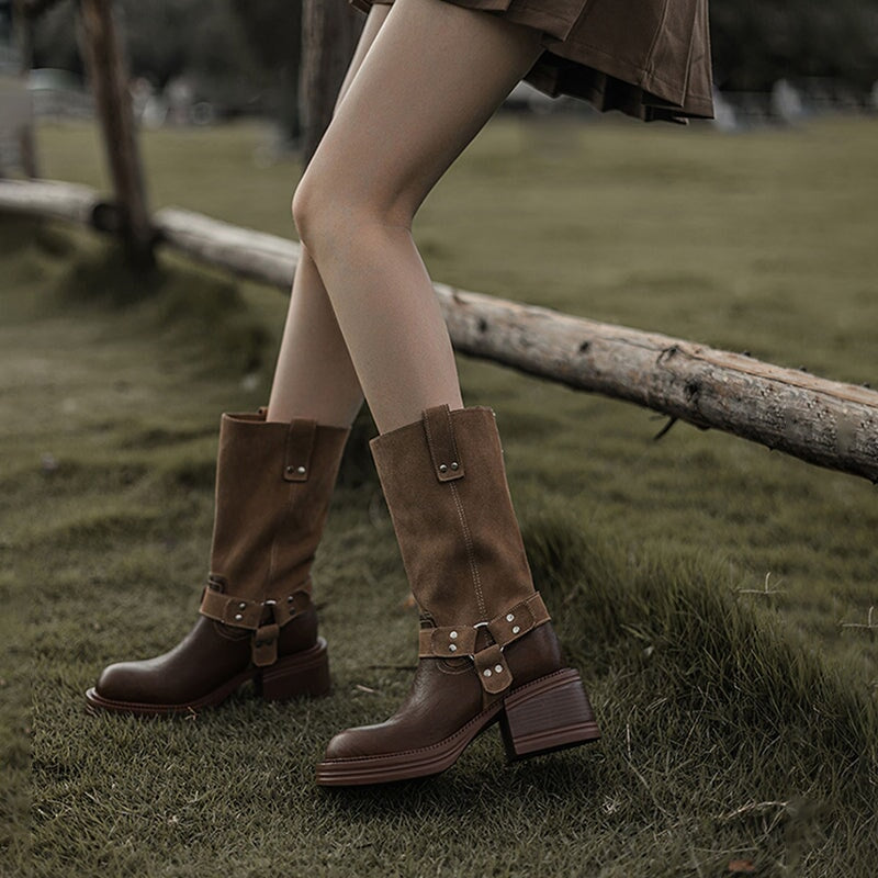 Women's Leather Western Boots Block Heel Mid Calf Boots for Autumn/Winter