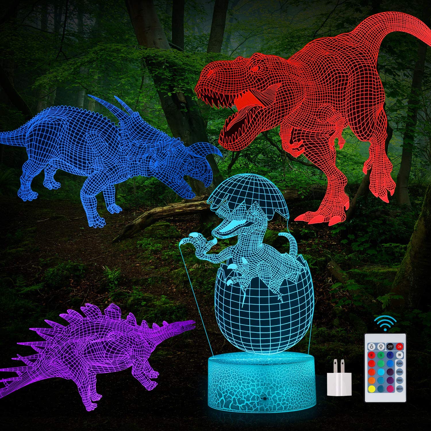 3D Dinosaur Night Light. 3D Illusion Lamp Nightlight 4-Pattern and 16-Colors with Remote Control. Best Birthday Christmas Toy Gifts for Boys Girls