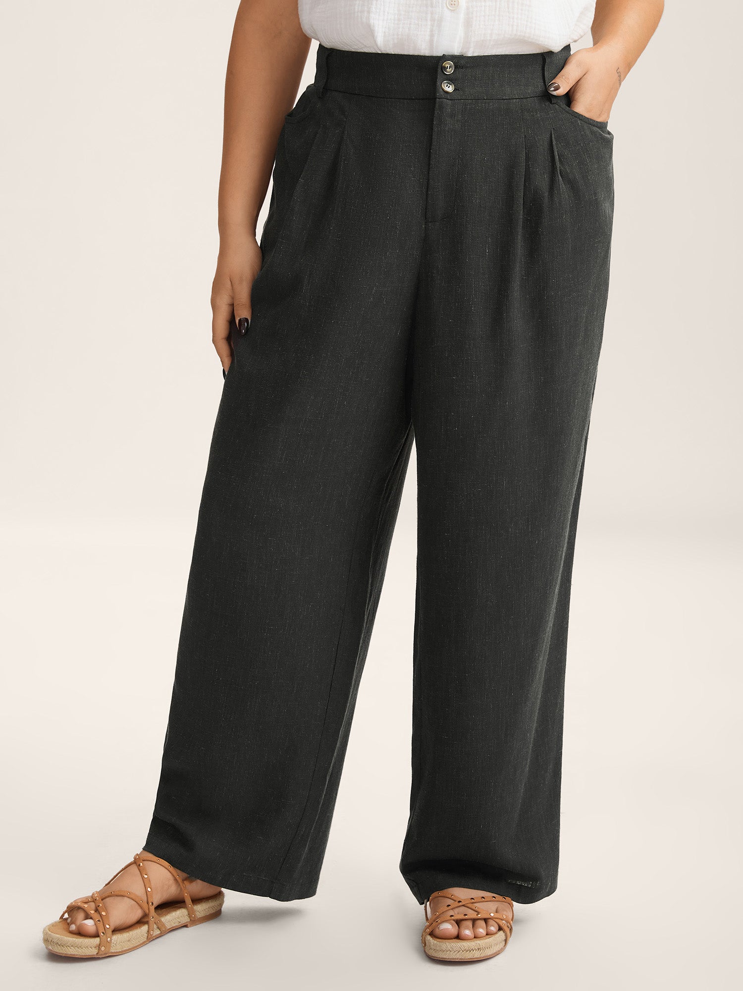 Rayon-Linen Pleated Straight-Leg Pants