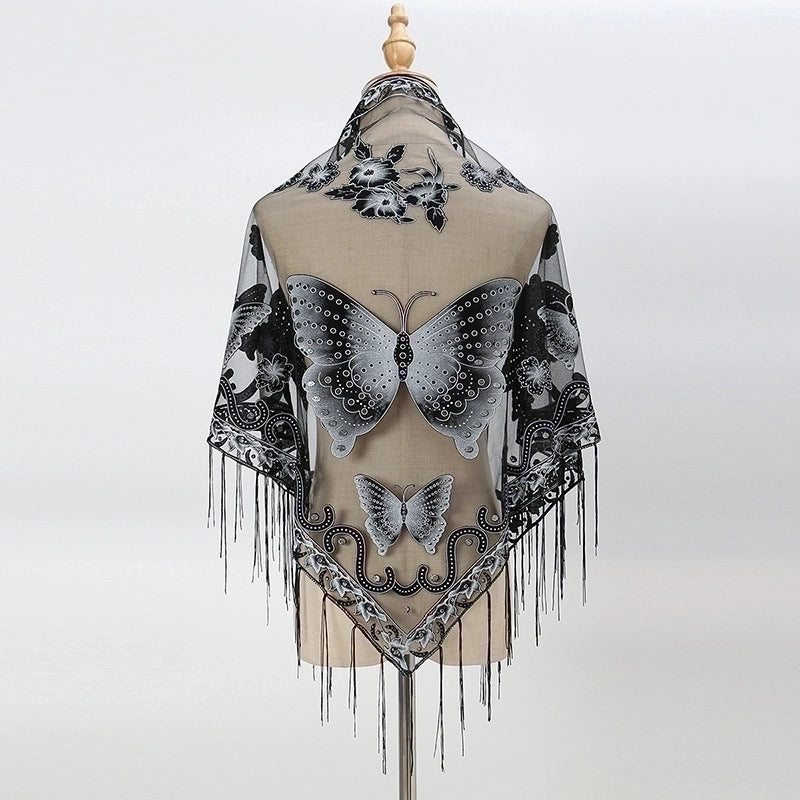New Tassel Triangle Scarf Solid Color Hollow Lace Butterfly Embroidered Triangle Shawl Scarf For Women