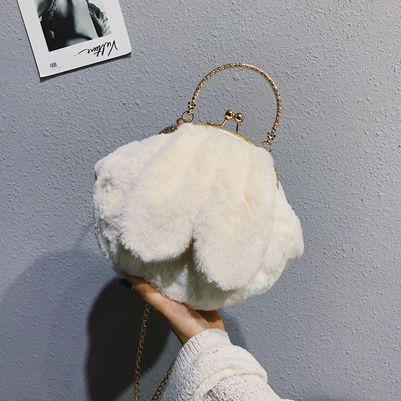 Women's Plush Rabbit Solid Color Cute Round Lock Clasp Handbag Crossbody Bag