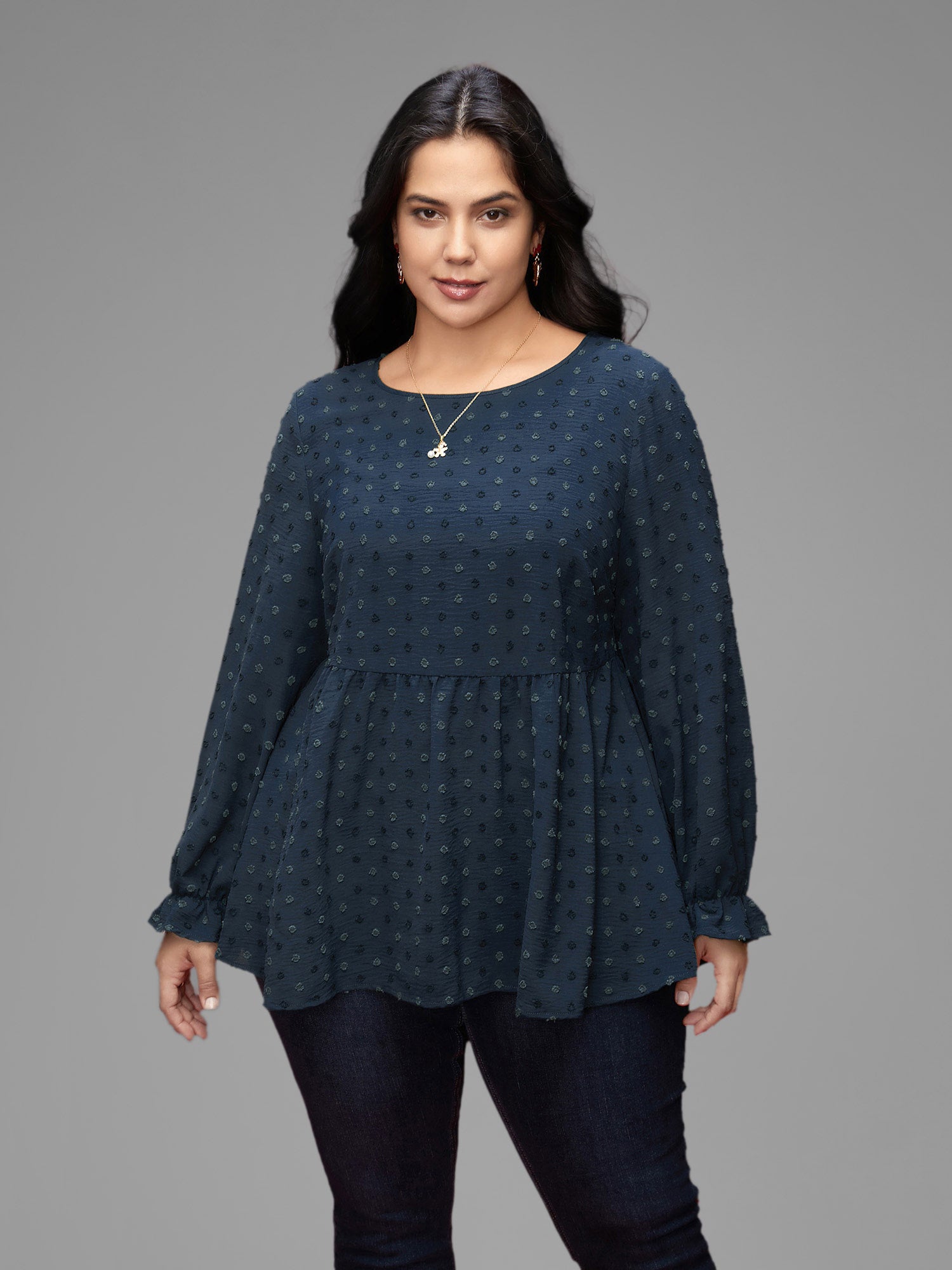 Textured Dot Elastic Cuffs A-line Blouse