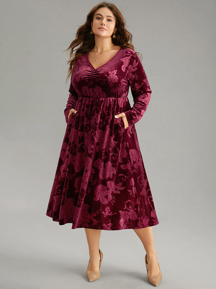 Velvet Jacquard Elastic Waist Ruched Dress