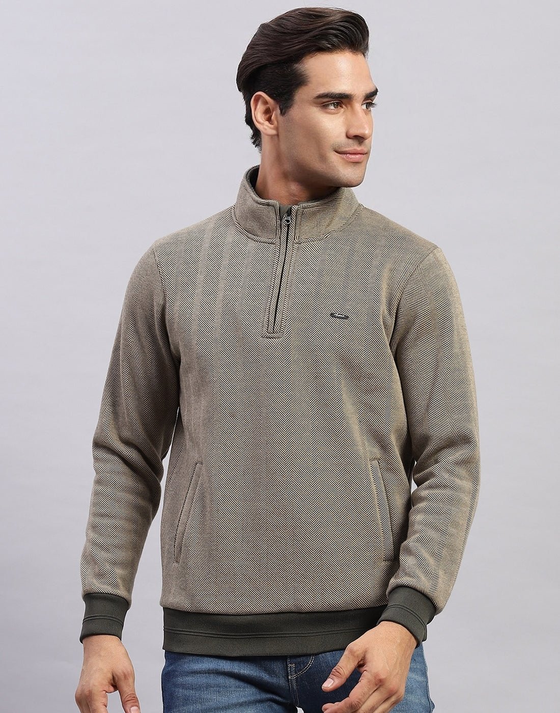 Men Olive Self Design Mock Neck Full Sleeve Sweatshirt