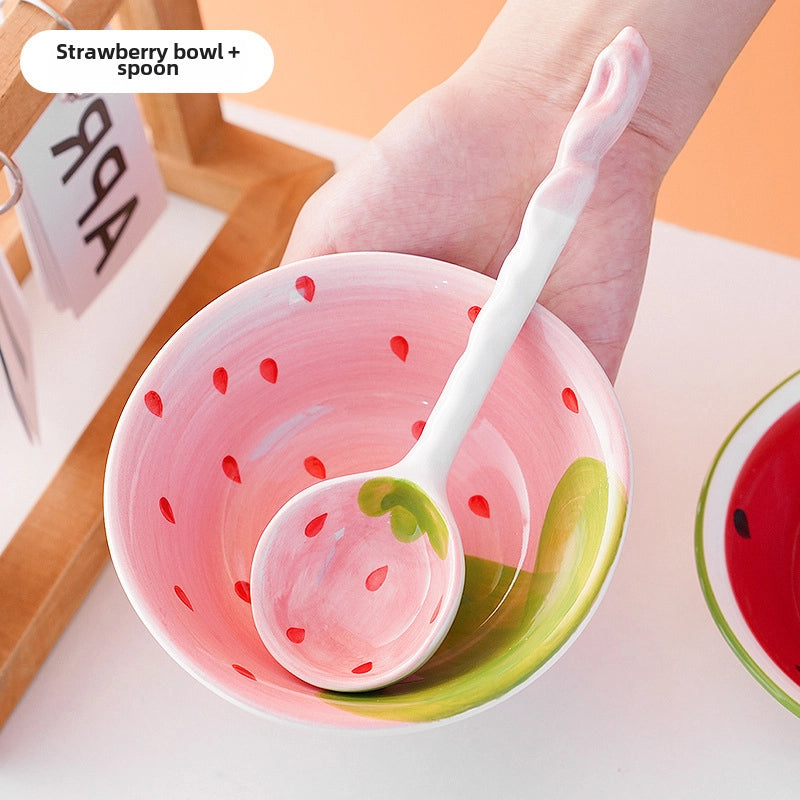 Strawberry Watermelon Cute Ceramic Bowl Long Handle Spoon Tableware Children's Cartoon Rice Bowl Soup Bowl Internet Celebrity Tableware