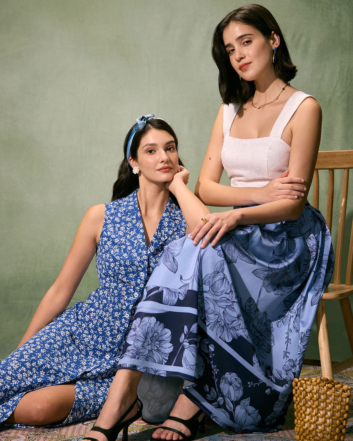 The Blue High-Waisted Pleated Floral Midi Skirt