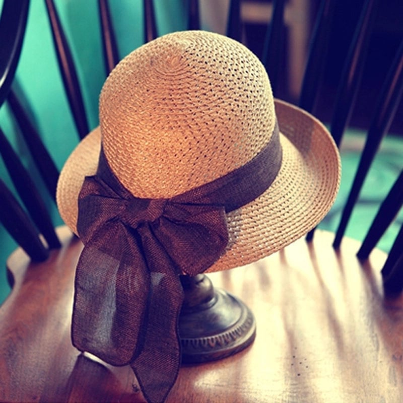 Women's Classic Style Solid Color Bow Knot Big Eaves Straw Hat