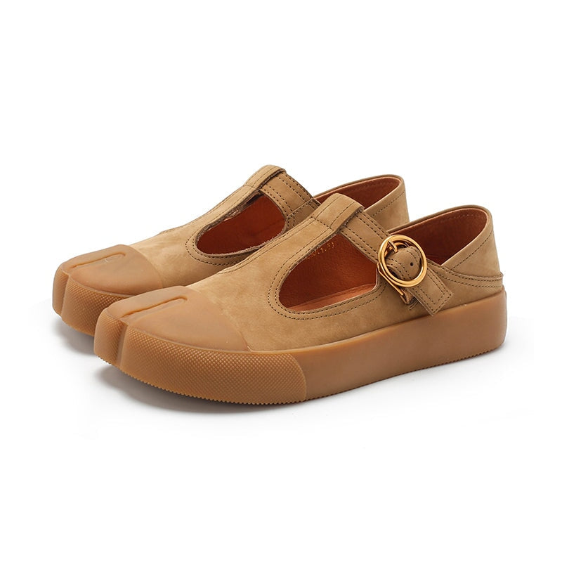 Retro Leather Flat T Strap Mary Jane Shoes For Women Round Toe Khaki/Brown/Yellow/Cameo Brown