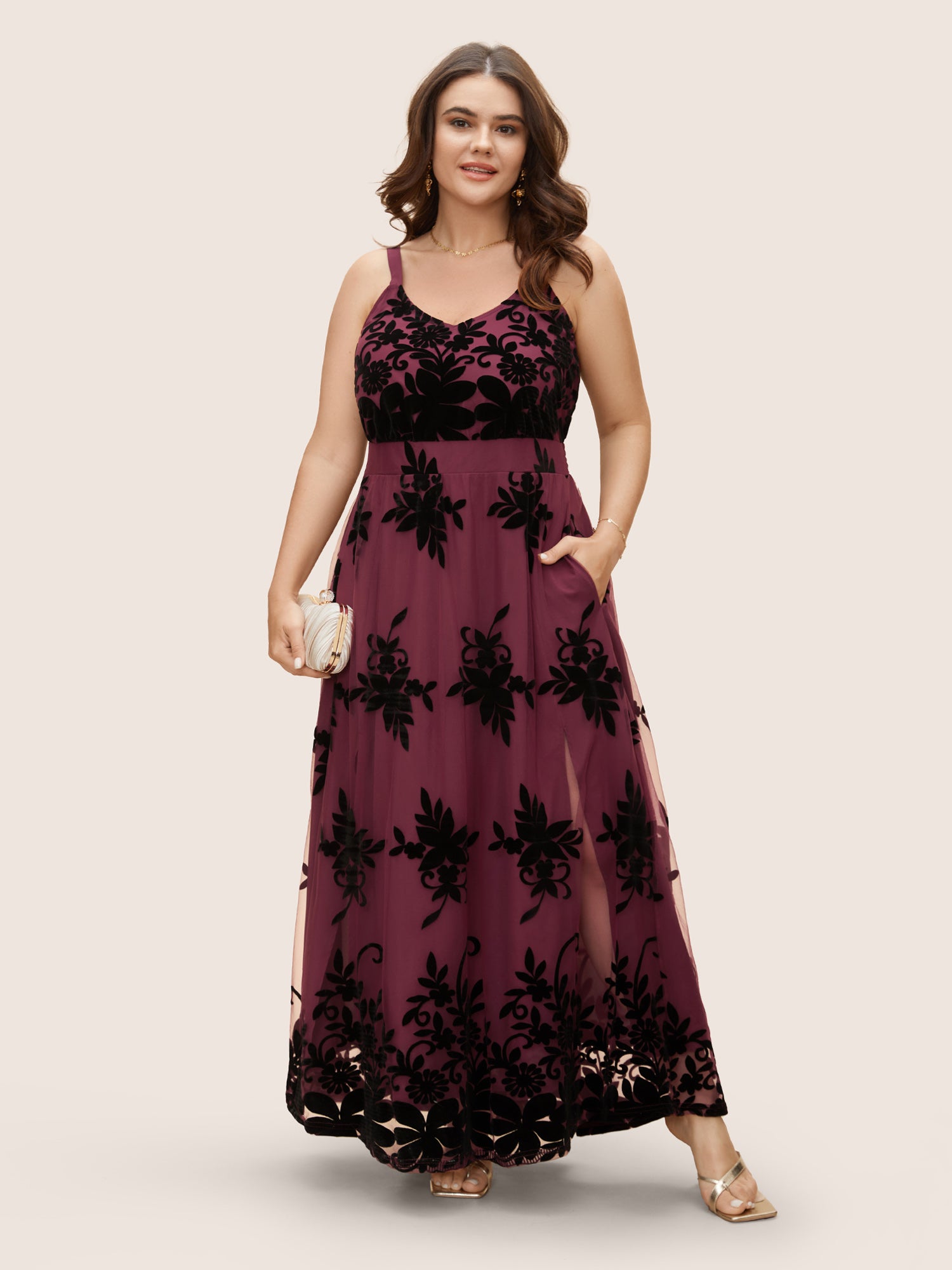 Floral Flocked Tulle Split Hem Dress