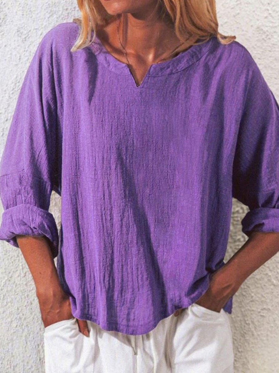 V-neck Casual Loose Solid Color Long-sleeved Blouse