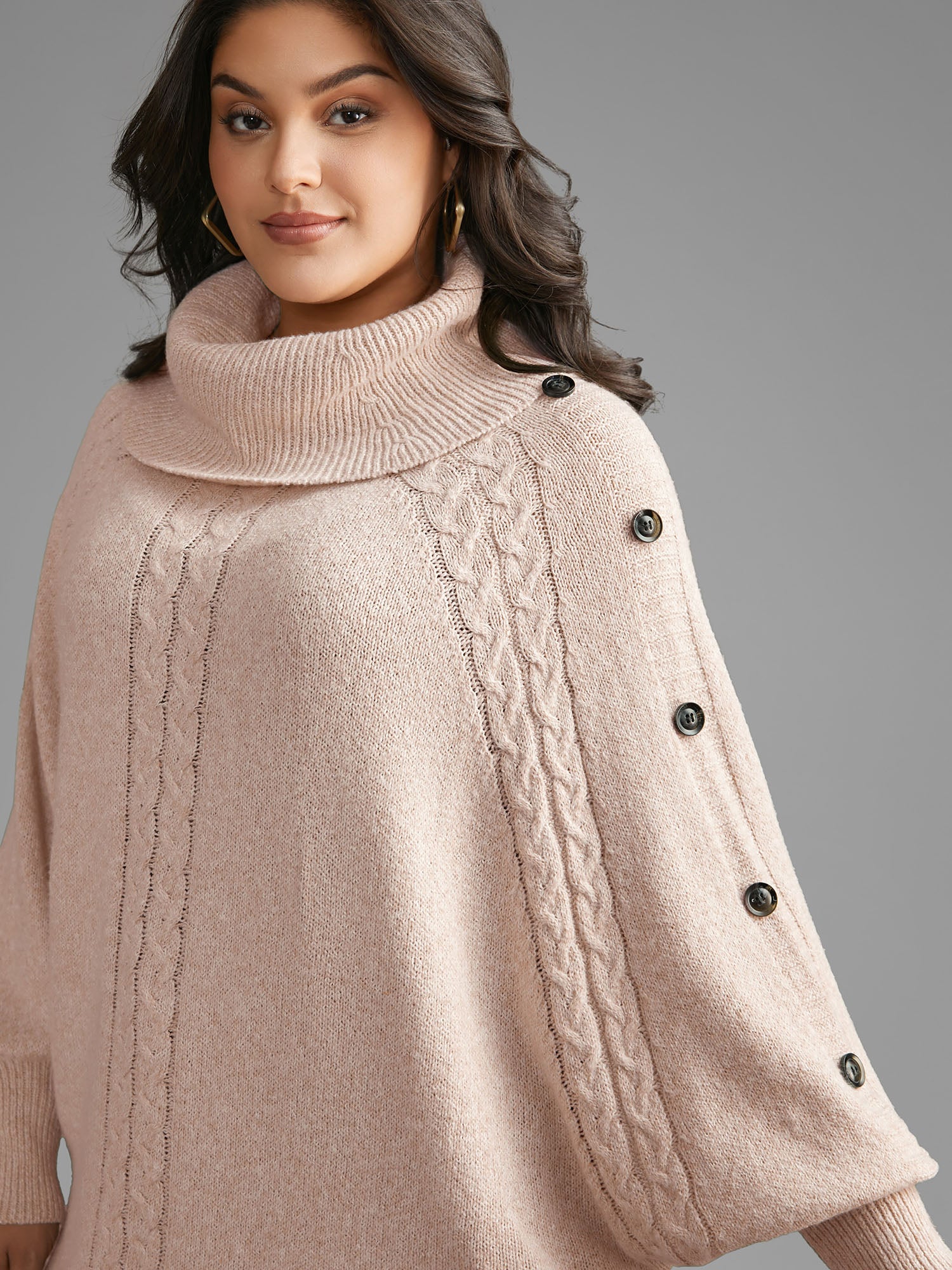 Turtleneck Cable Knit Asymmetrical Hem Pullover