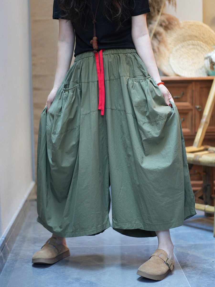 Women Summer Casual Pure Color Cotton Wide-leg Pants