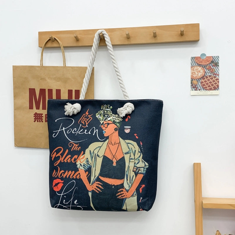 Women's Large Cotton And Linen Letter Elegant Streetwear Square Zipper Tote Bag