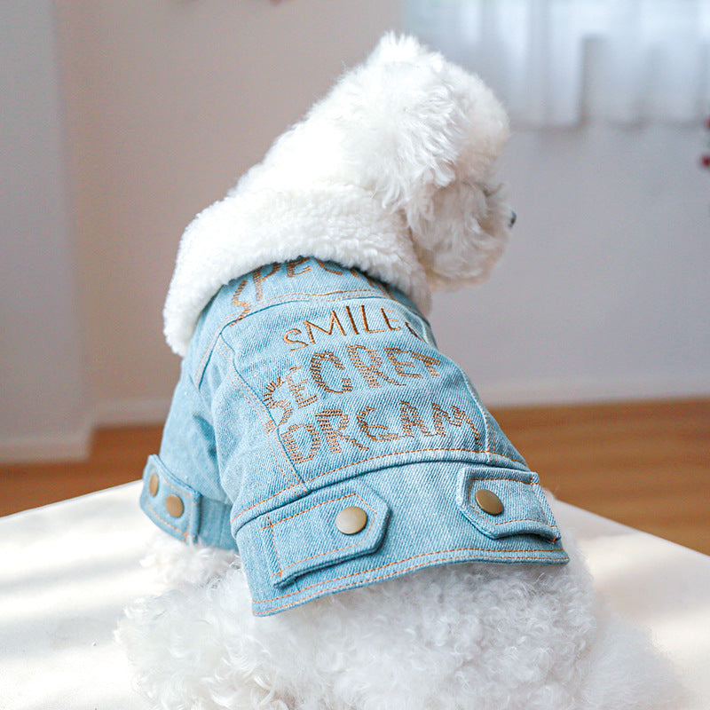 Letter Printed Fleece Denim Pet Coat