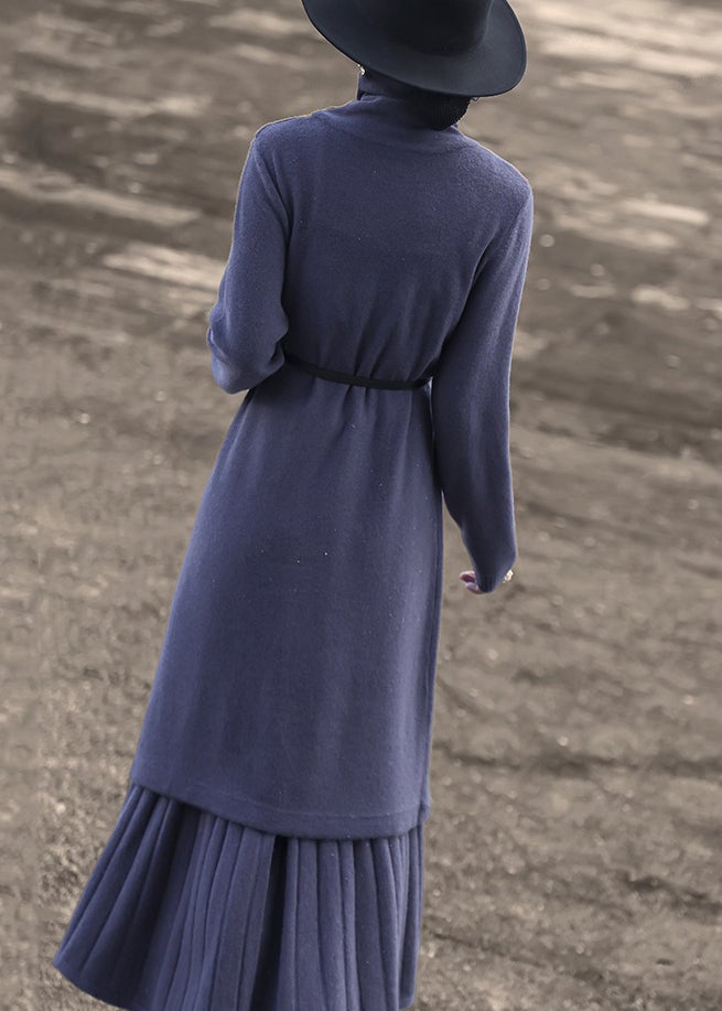New Blue Turtleneck Tops And Skirts Wool Knit Two-Piece Set Spring
