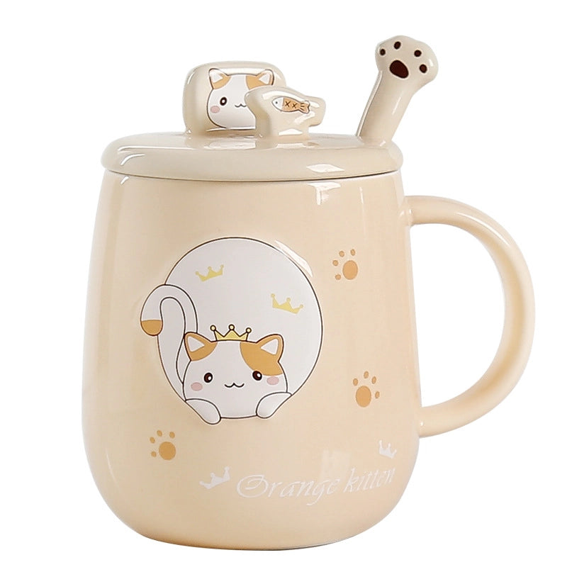 Cat Mug With Lid Spoon Ceramic Cup Creative Personality Trendy Office Cartoon Ins Household Coffee Cup