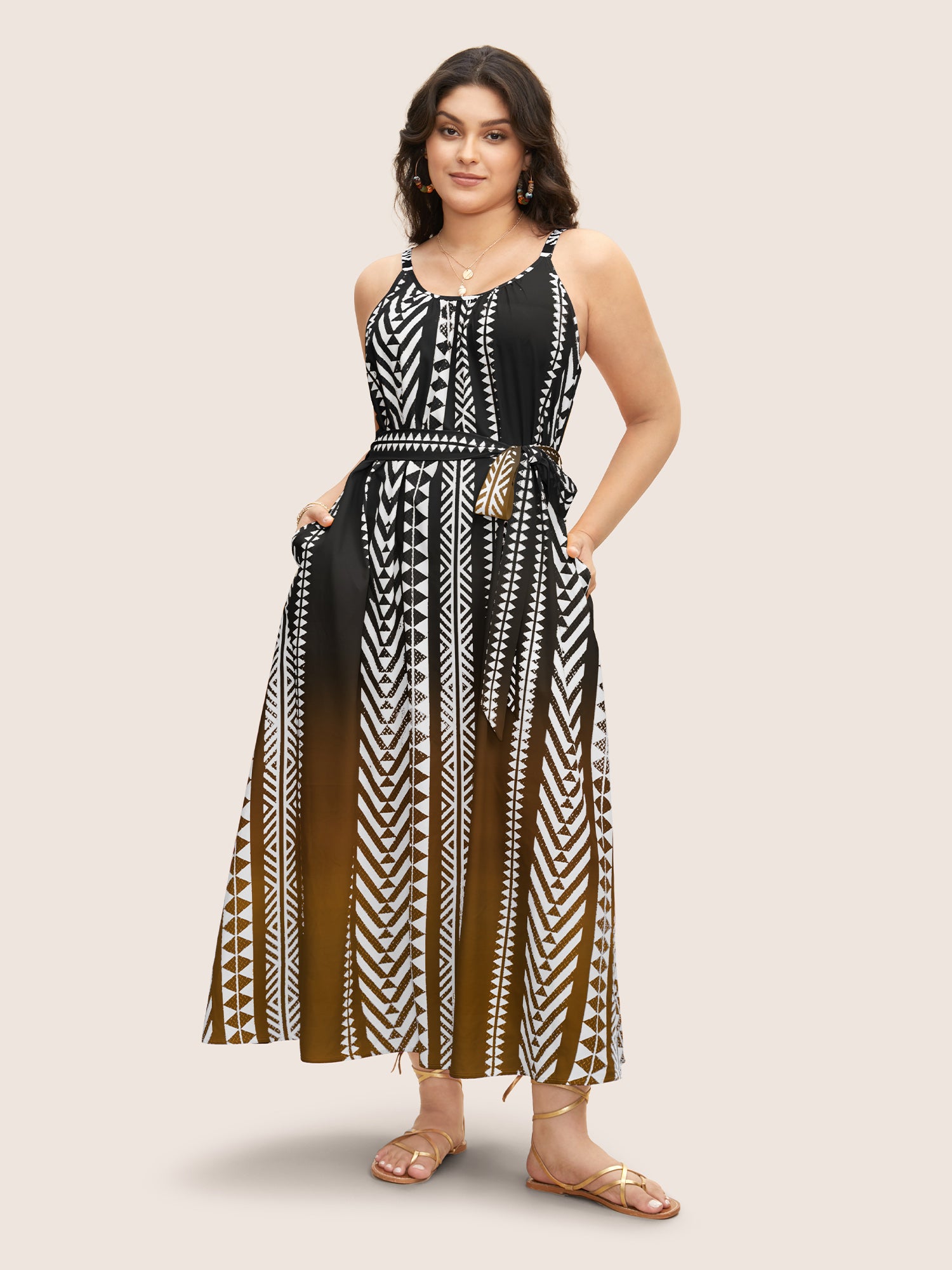 Ombre Contrast Geometric Belted Maxi Dress