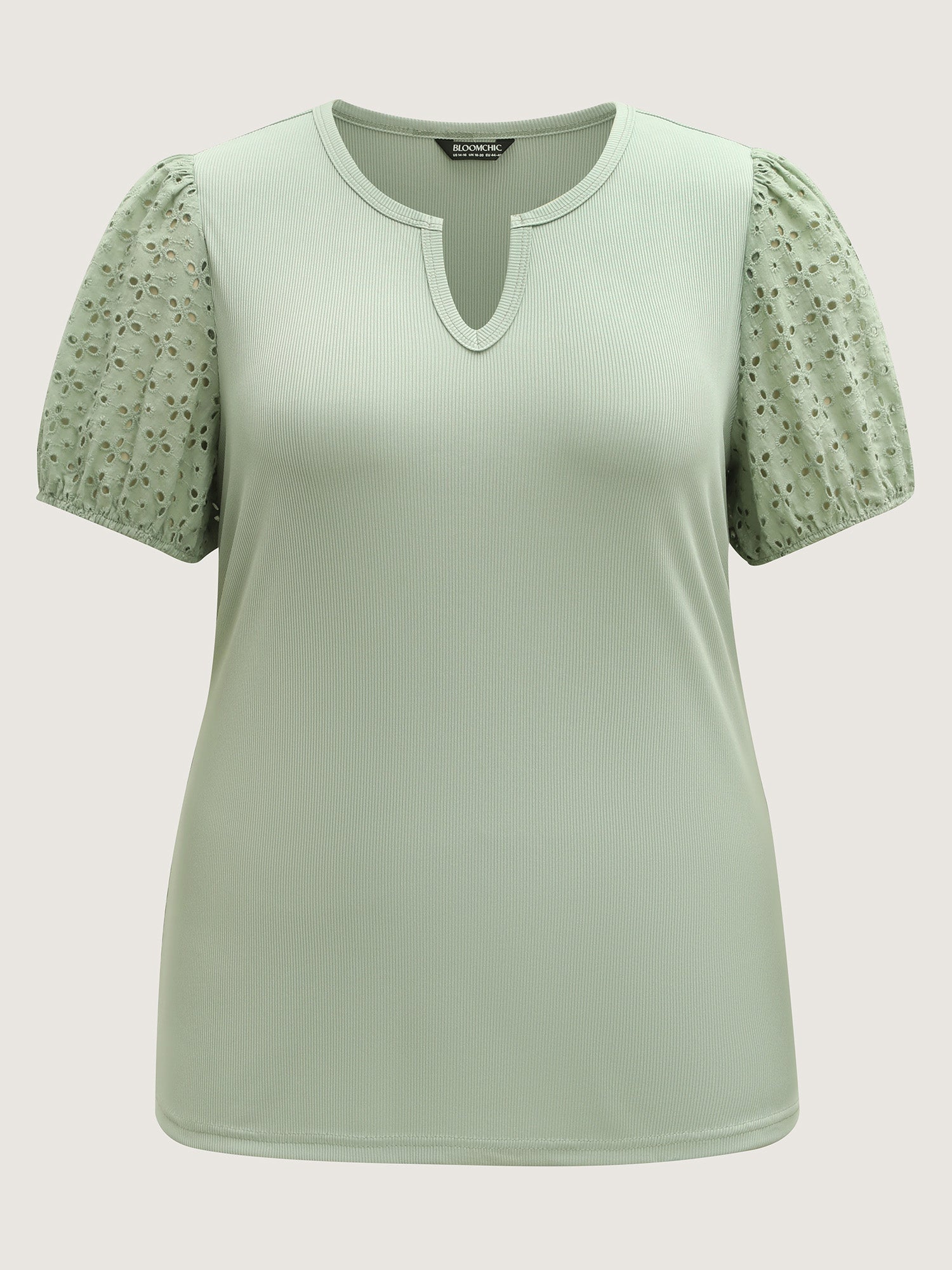 Eyelet Trim Solid Puffy Sleeve Knit Top