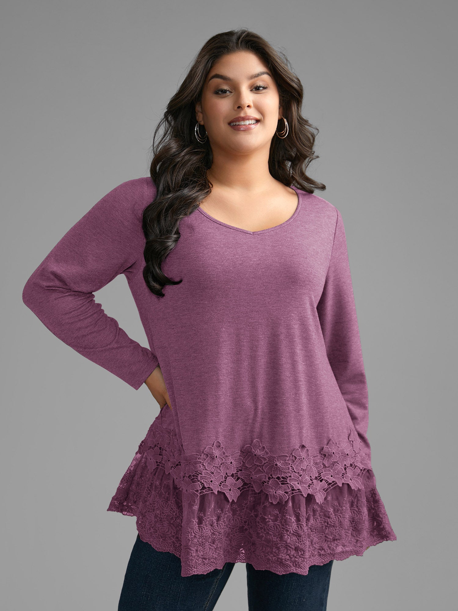 V Neck Lace Panel Jersey Top