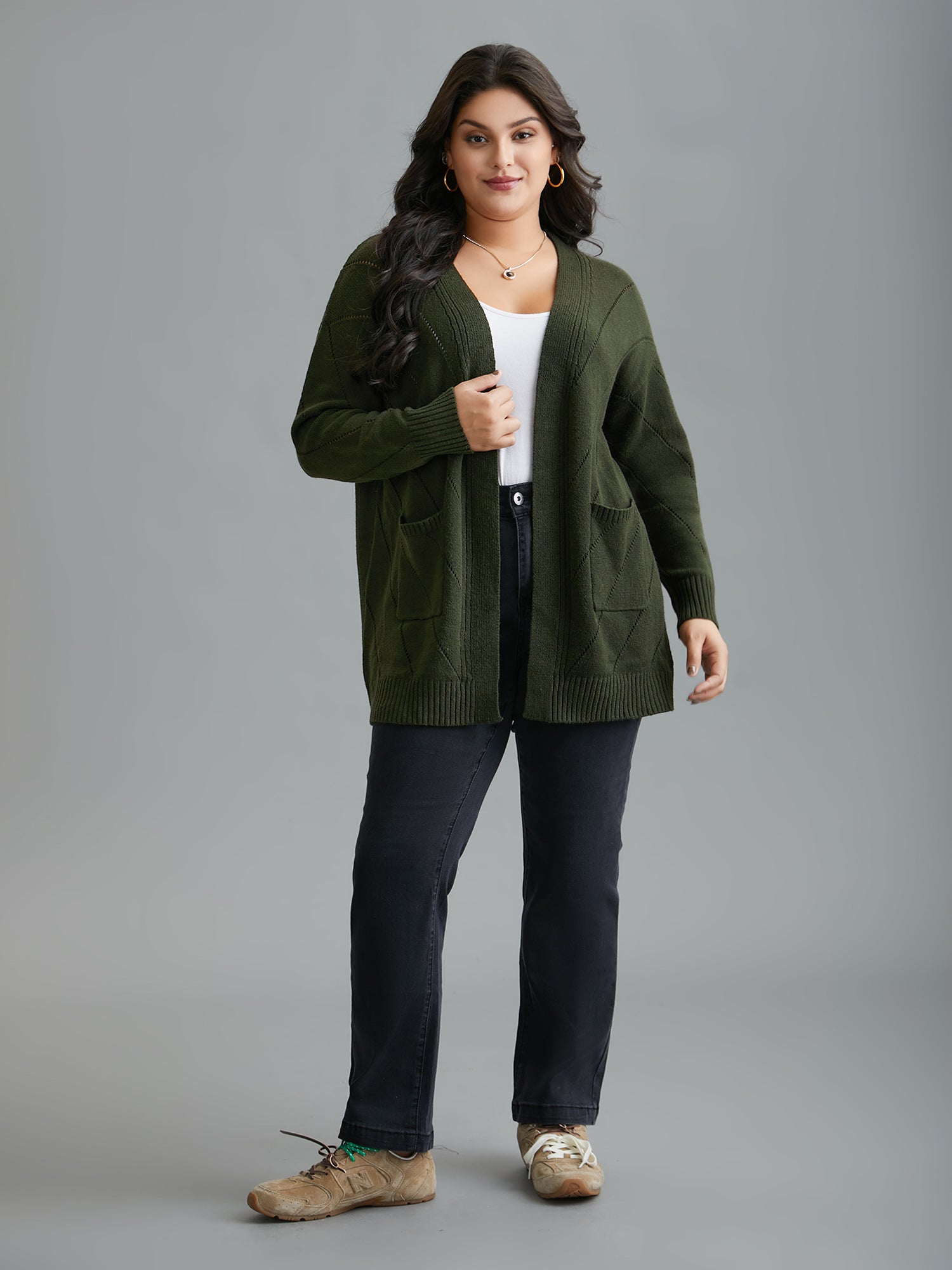 Cable Knit Open-Front Pocket Knit Cardigan