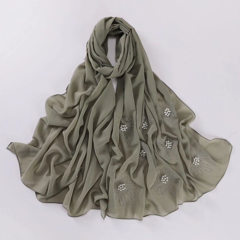 New Flower Hot Drilling Nail Bead Scarf Pearl Chiffon Muslim Scarf Middle East Hui Hijab Long Scarf