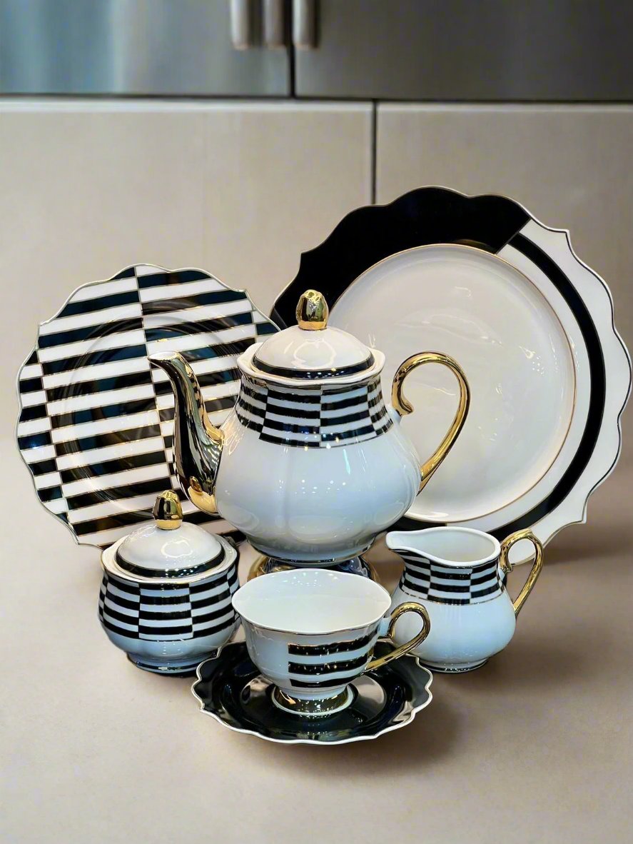 24PCS FINE BONE CHINA TEA SET (WHITE BLACK PATTERN STYLE)