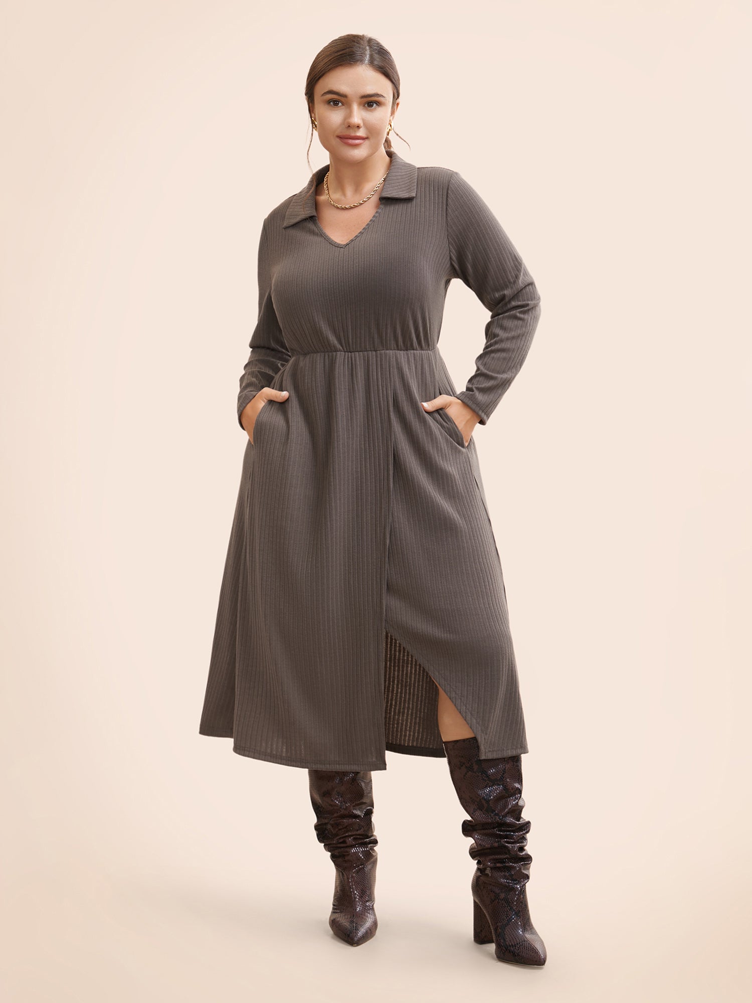 Knitted Stretch Woven Wrap Midi Dress