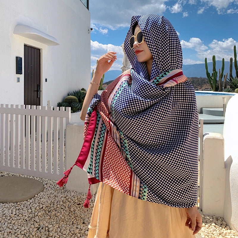 Silk Scarf Women's Summer Seaside Beach Sunscreen Shawl Scarf Dual-use  Long Ethnic Style Plus Size Travel Silk Scarf