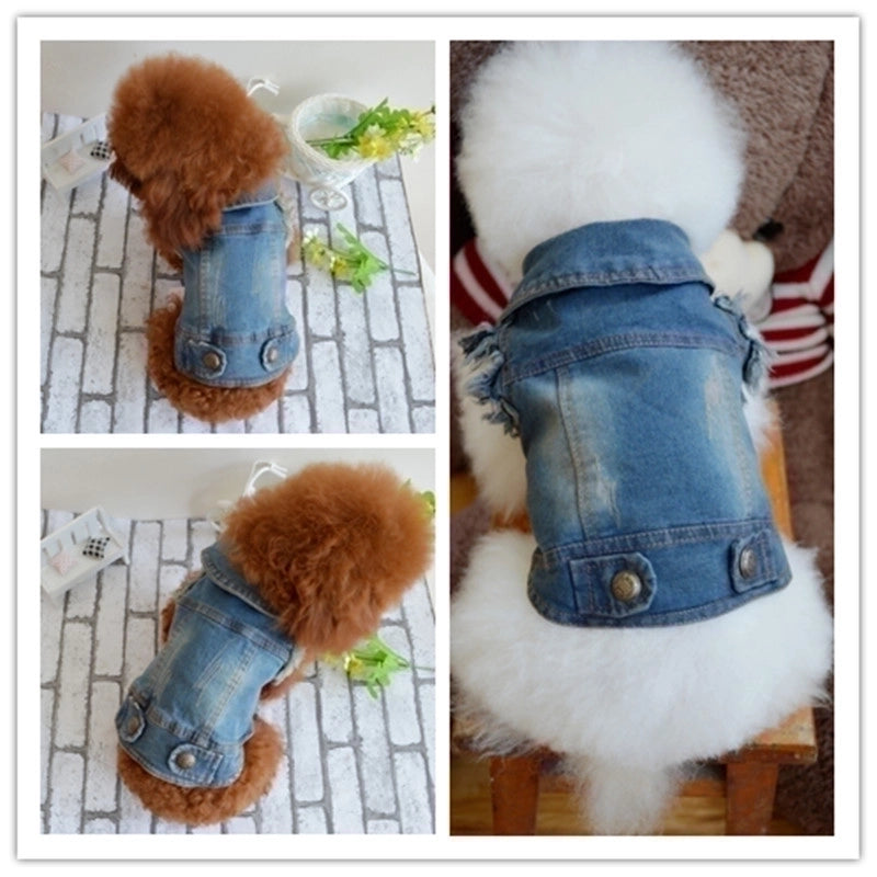 Shell Pet Dog Dog Clothes Teddy Vip Bichon Pet Autumn And Winter Clothing Retro Scratch Pattern Personalized Denim Vest