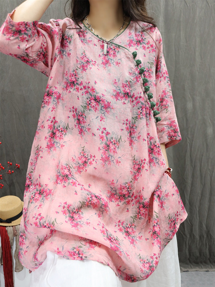 Women Summer Artsy V-Neck Flower 100%Ramie Shirt