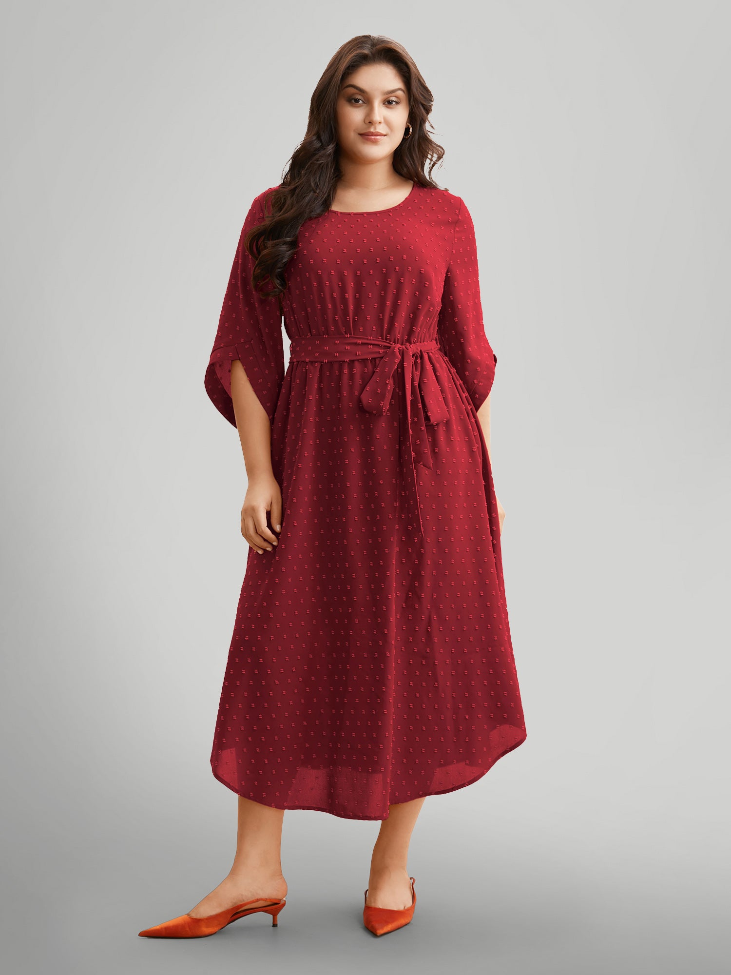 Textured Bell Sleeve Belted Arc Hem Dress