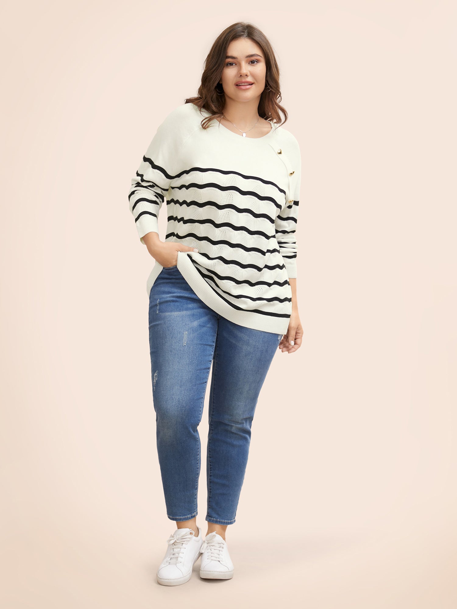 Striped Raglan Sleeve Button Detail Pullover