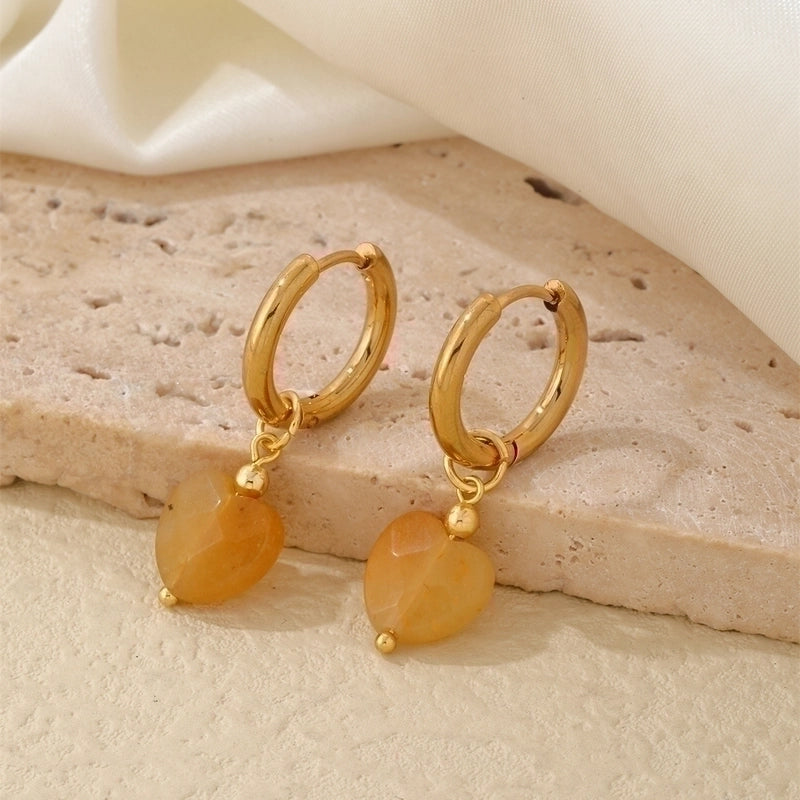 1 Pair Vintage Style Minimalist Heart Shape Plating 304 Stainless Steel Natural Stone Drop Earrings