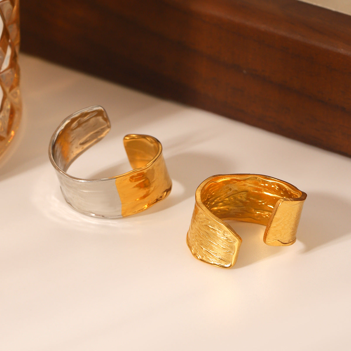 Phoenix Tide Ins18K Gold-Plated Ring Texture Stainless Steel Open Ring Female Titanium Steel Jewelry