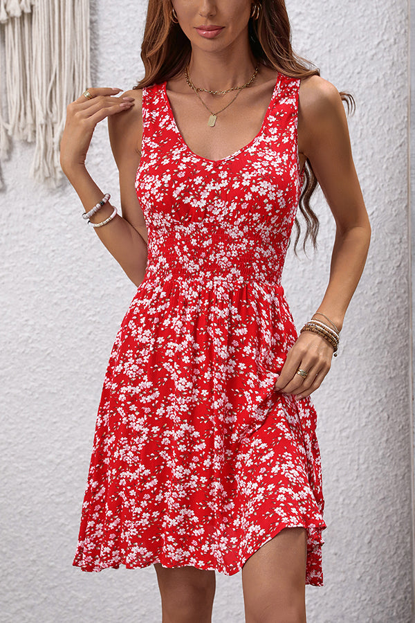 Fashion Smocked Waist Floral Print Casual Dress