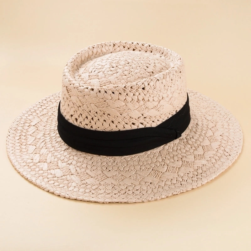 Fashion British Style Handmade Straw Woven Concave Top Hat Female Summer Vacation Seaside Sun-proof Beach Hat