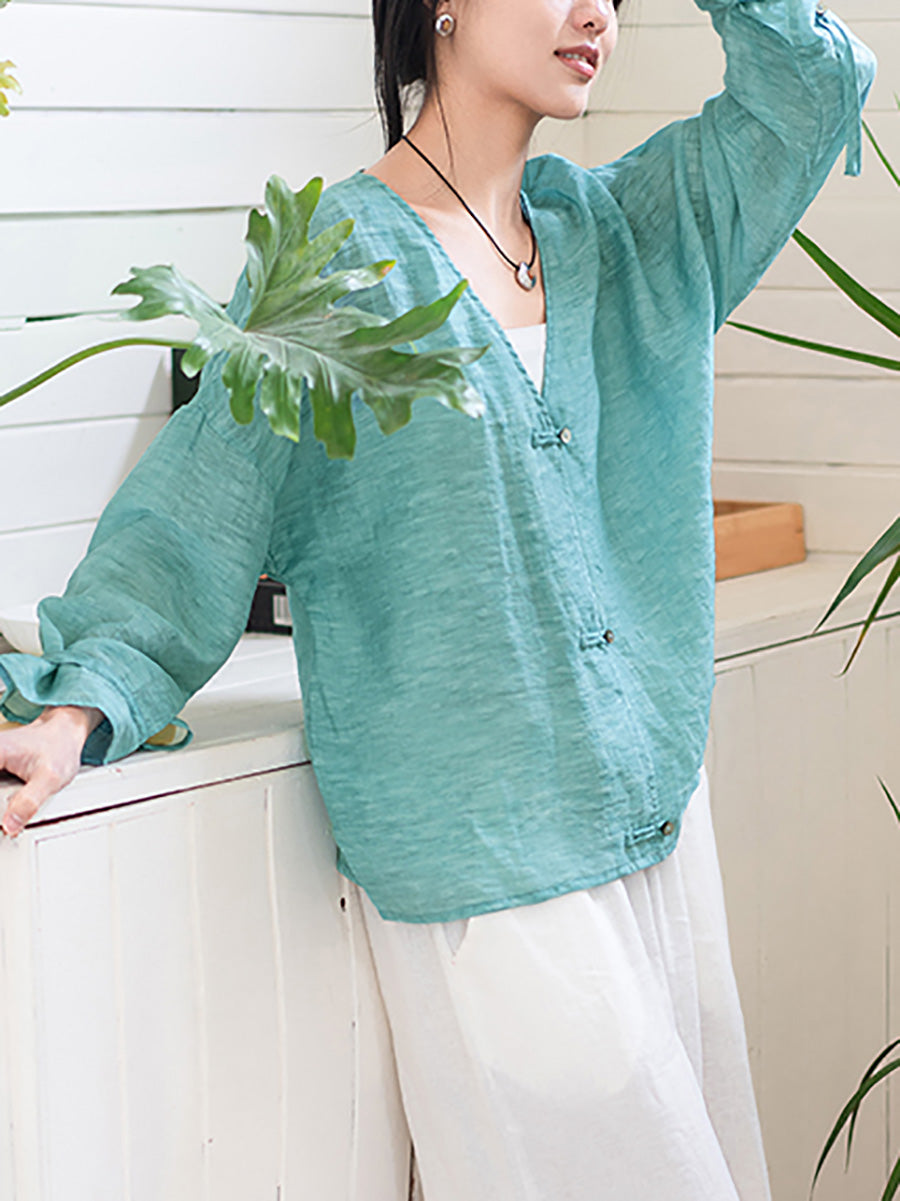 Women Summer Retro Pure Color V-Neck Linen Thin Shirt