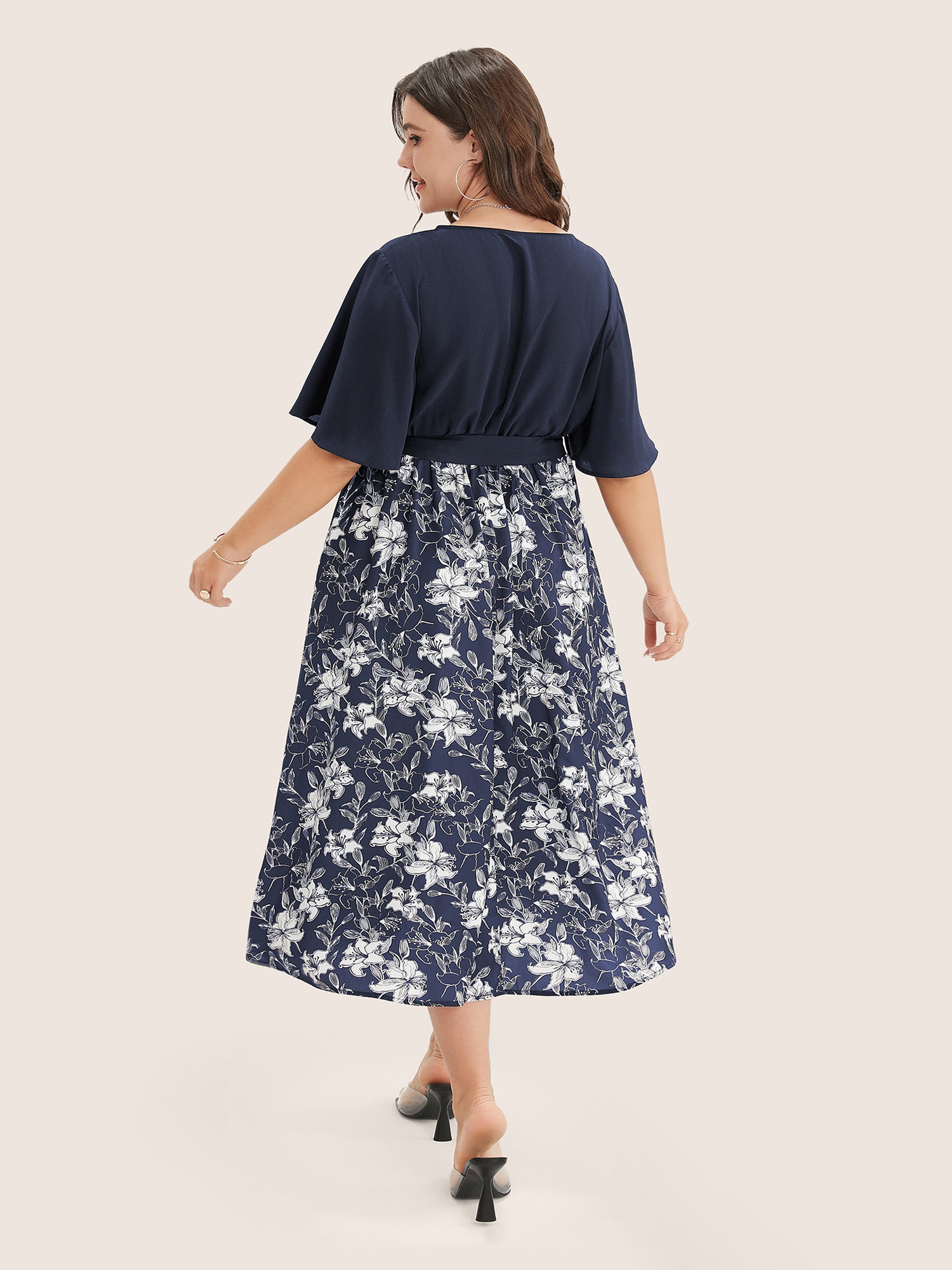 Floral Patchwork Pocket Belt Surplice Neck Ruffle Hem Dress