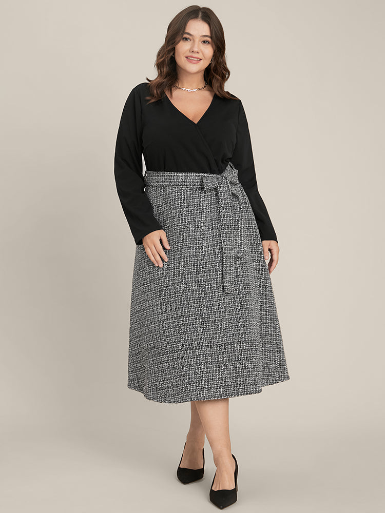Plaid Patchwork Surplice Neck Belted Tweed Dress