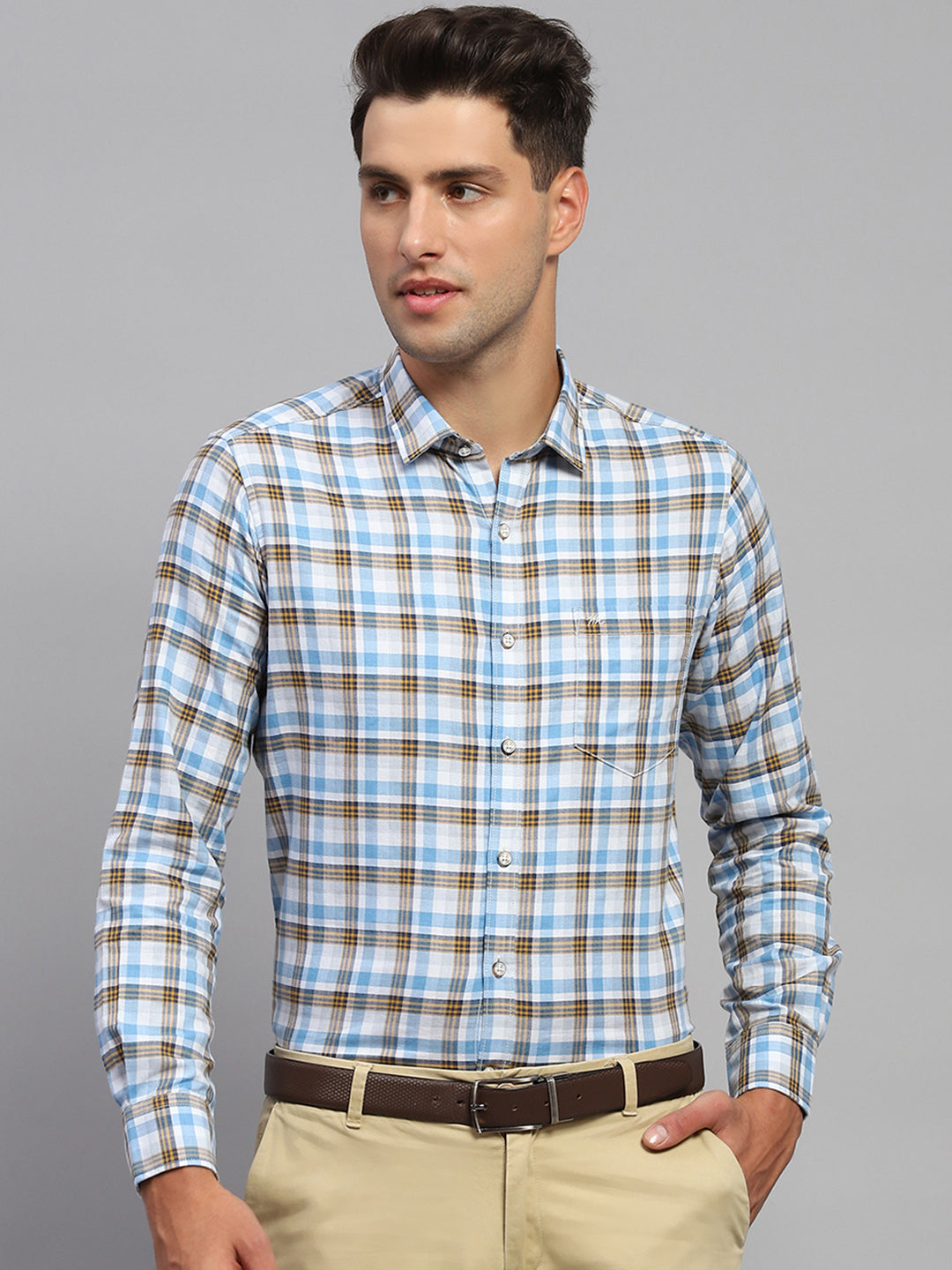 Men Blue Check Spread Collar Full Sleeve Shirt