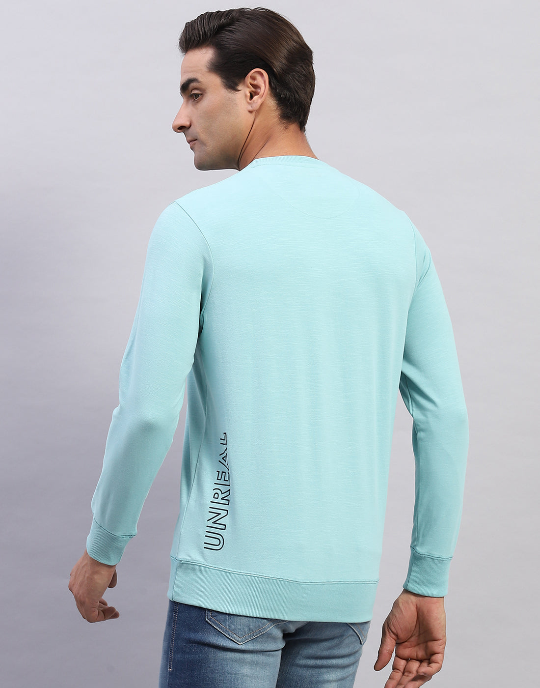 Men Light Blue Printed Round Neck Full Sleeve Winter T-Shirt