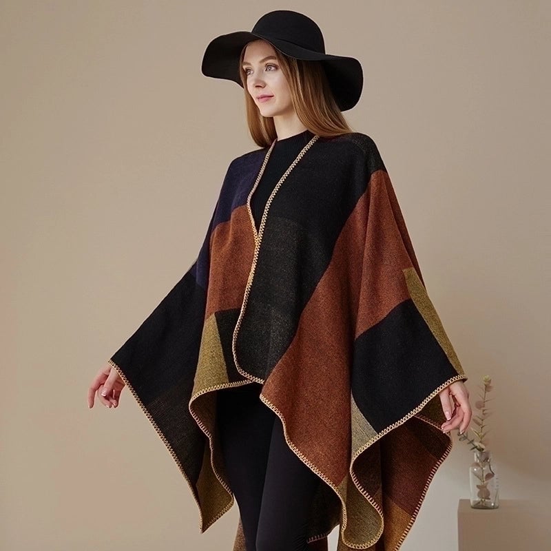 Winter Cashmere Double-sided Plaid Shawl Women's Outer Cape Increased Thickness Warm Knitted Scarf Spot