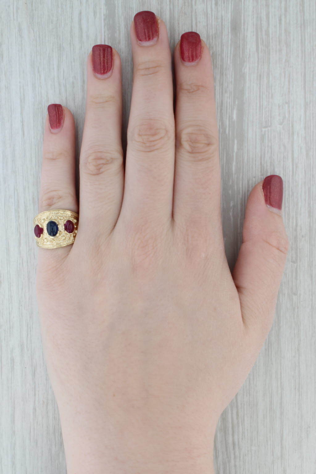 Blue Sapphire Ruby Ring 14k Yellow Gold Size 7 Orange 3-Stone