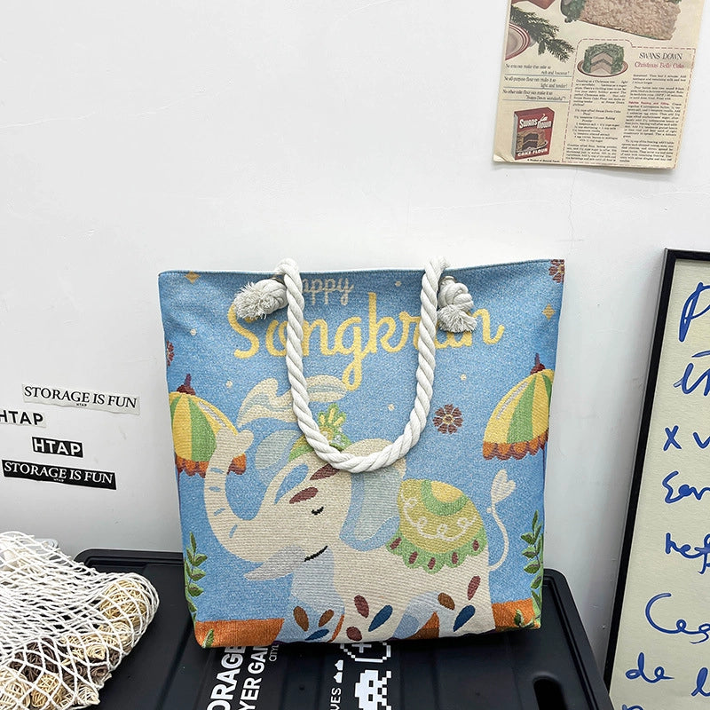 Women's Medium Canvas Elephant Ethnic Style Classic Style Square Zipper Tote Bag
