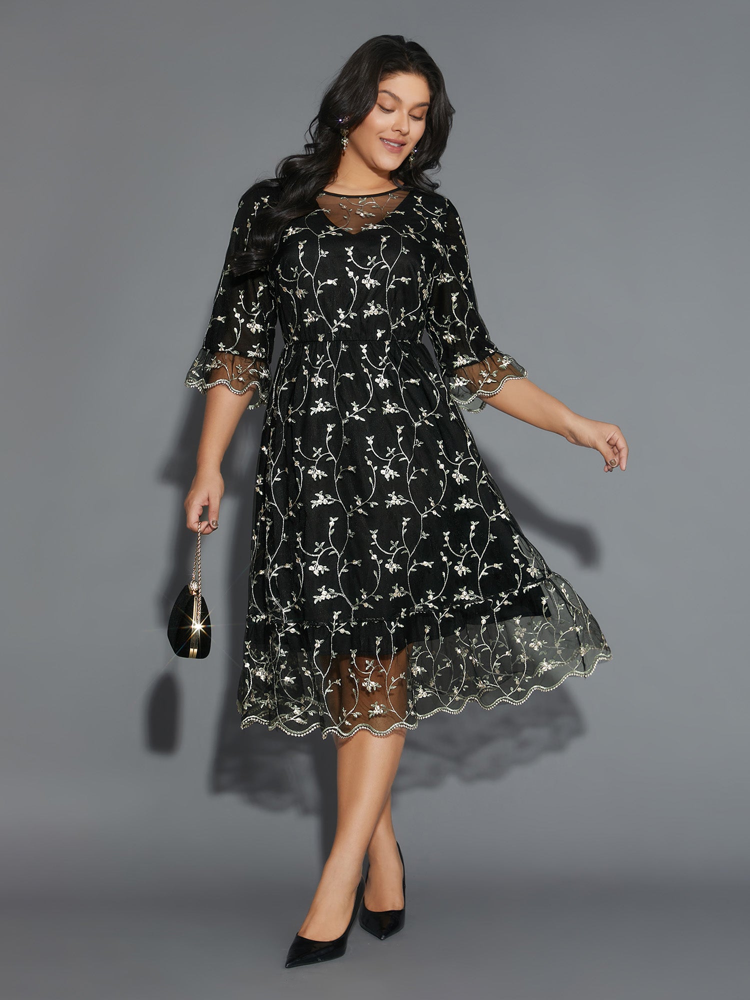 Floral Embroidered Ruffles Mesh Dress